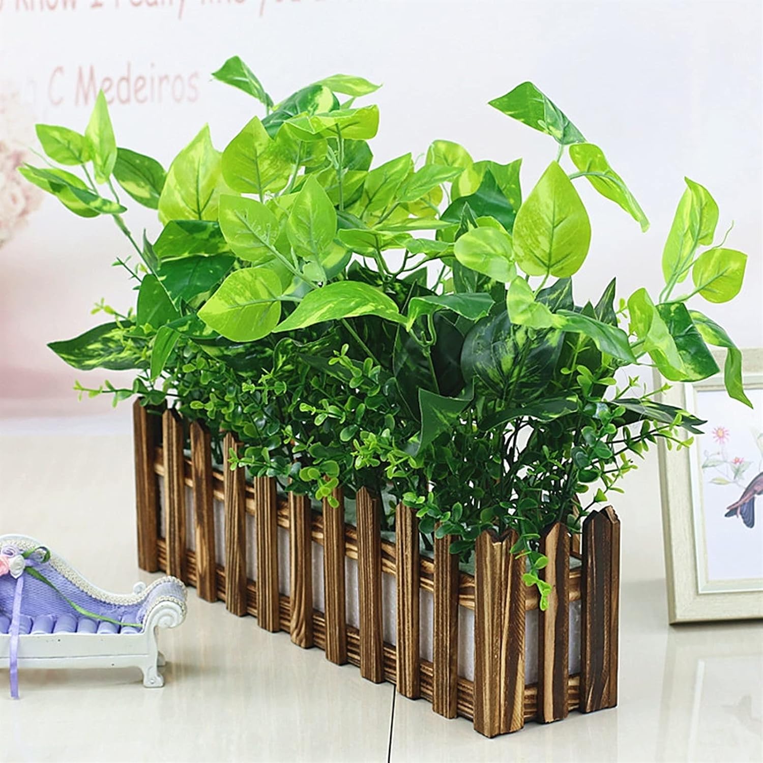 Realistic Artificial Potted Plants in Rectangular Wooden Planter Box