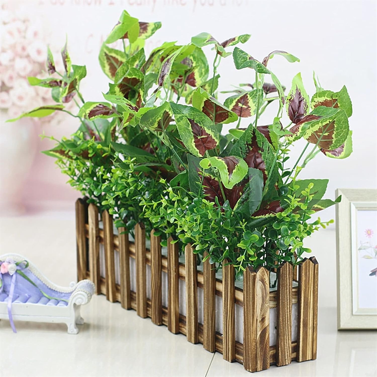 Artificial Potted Plants in Rectangular Wood Planter Box 1