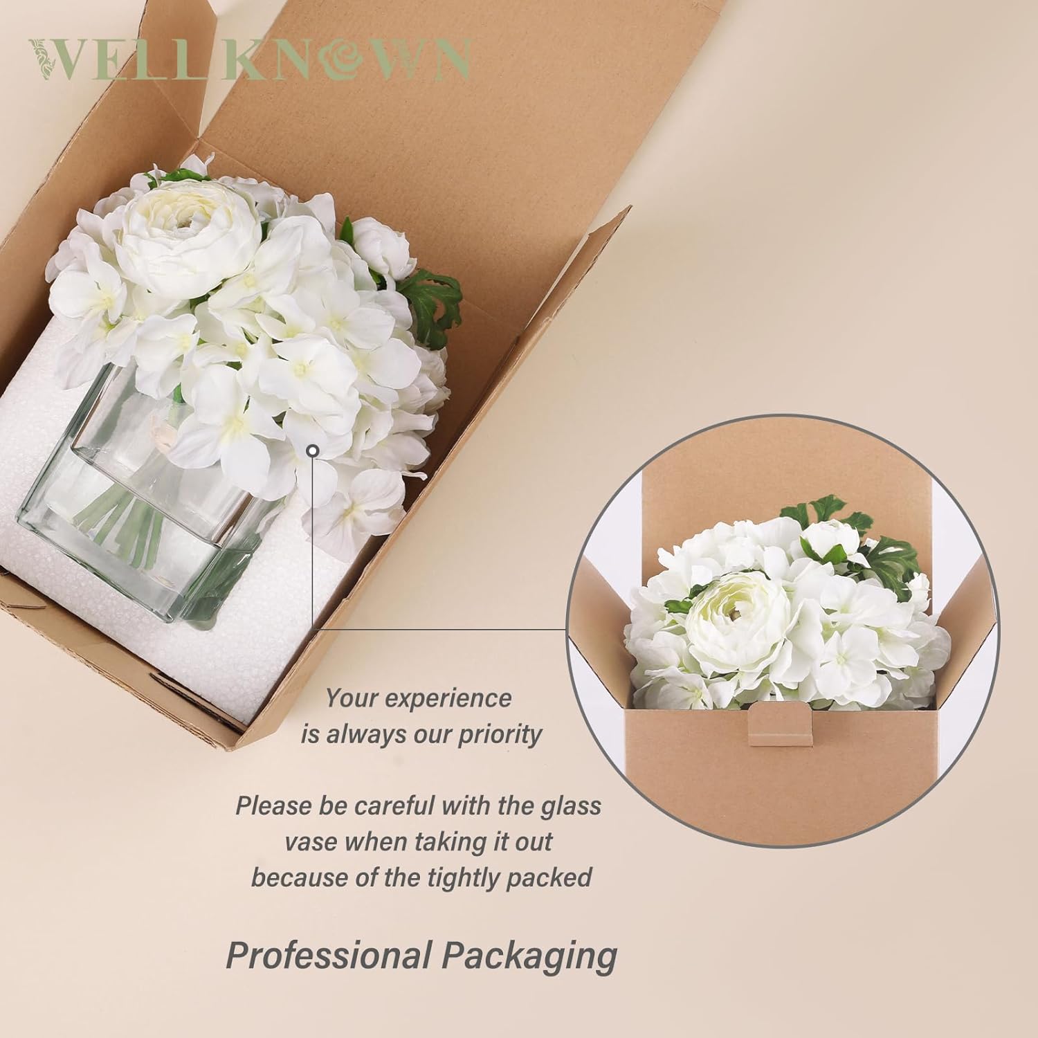 WELL KNOWN Artificial Hydrangea Ranunculus Flowers in Vase White