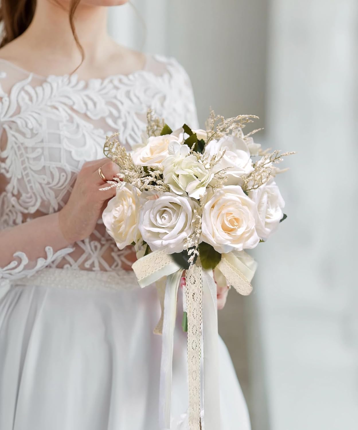 Bride Bouquets for Wedding Ivory Champagne Artificial Flowers Roses Tossing Bouquet