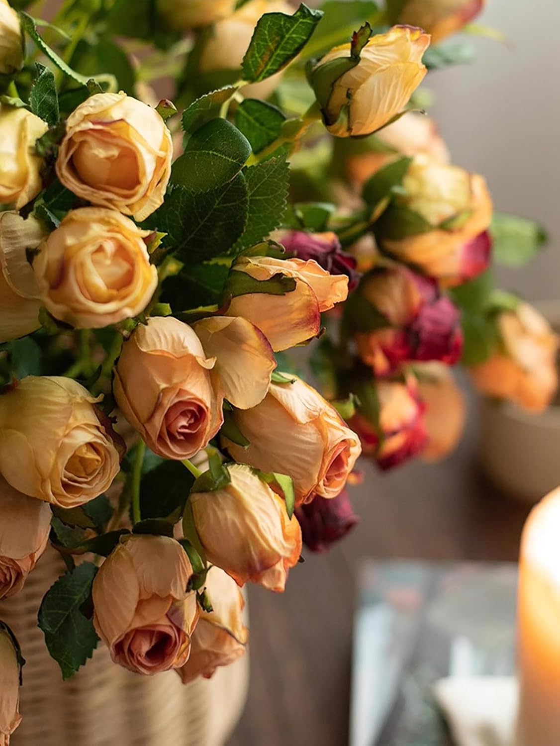Urier 7 Heads Artificial Flowers Dried Roses 19 Inch Set