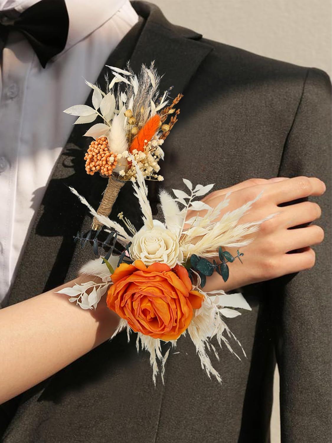 Rinlong Burnt Orange Dried Flower Corsage and Boutonniere Set