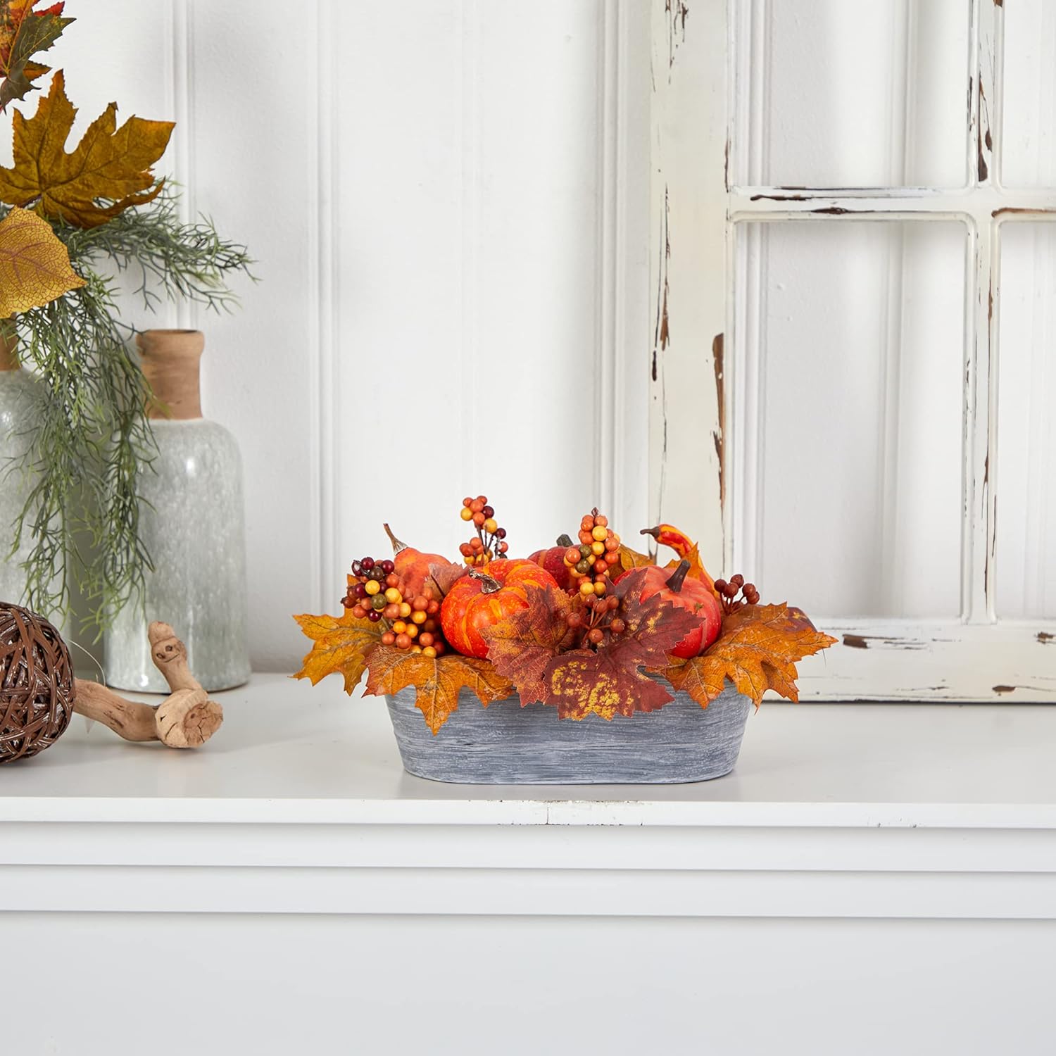 Nearly Natural 12 Inch Fall Pumpkin and Berries Artificial Arrangement in Washed Vase