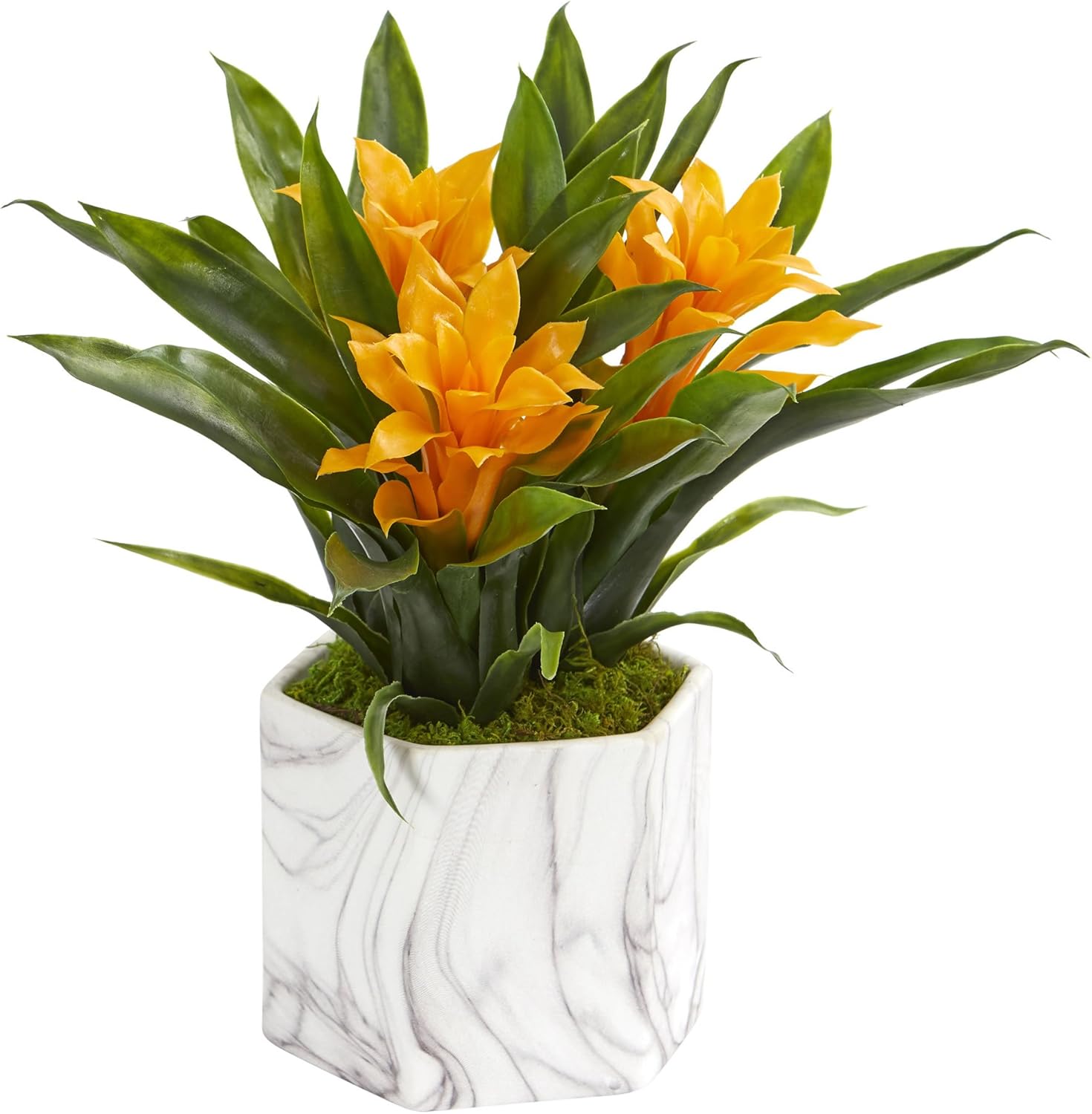 Nearly Natural Artificial Bromeliad Vase with Marble Finish