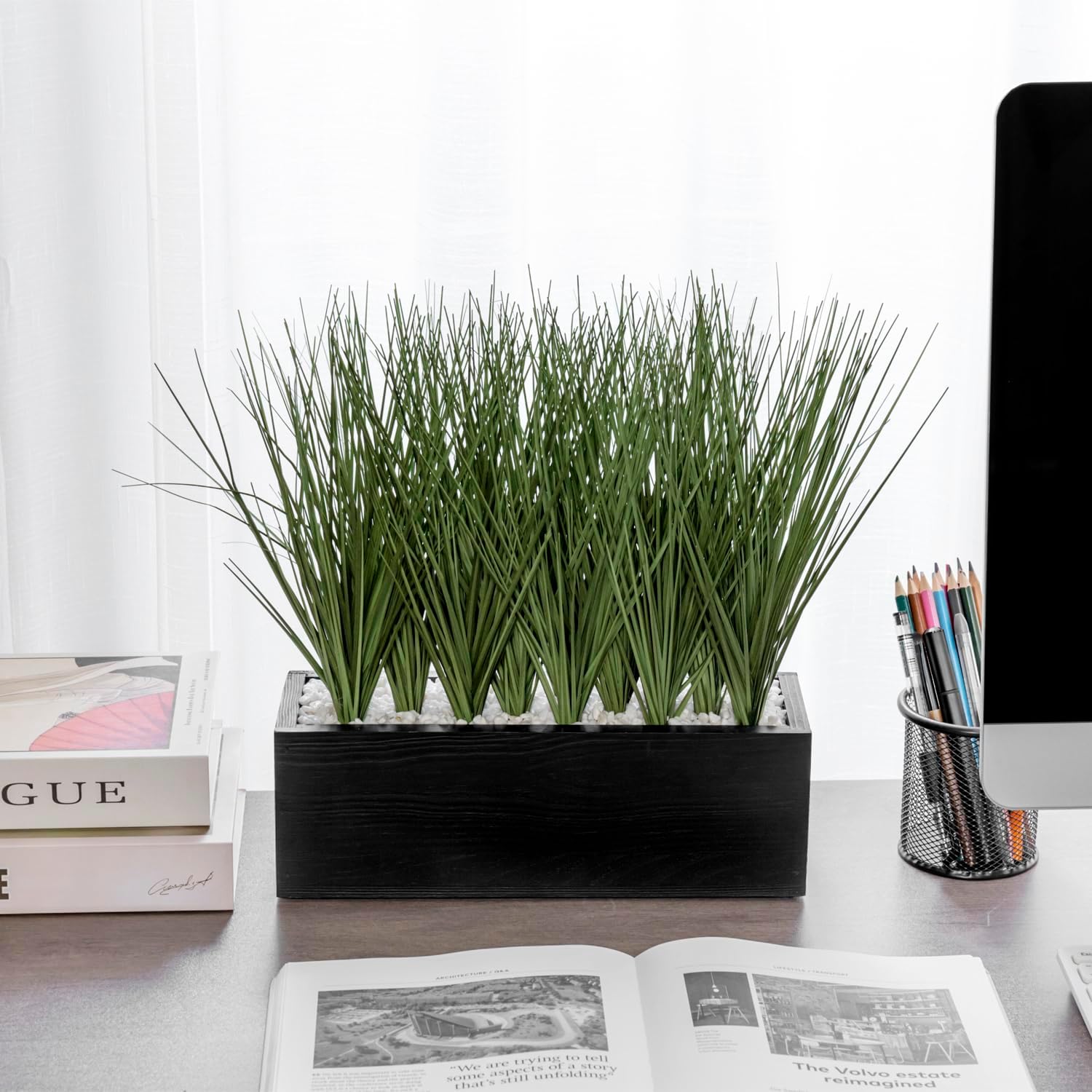 MyGift 12 Inch Artificial Green Grass in Black Wood Planter