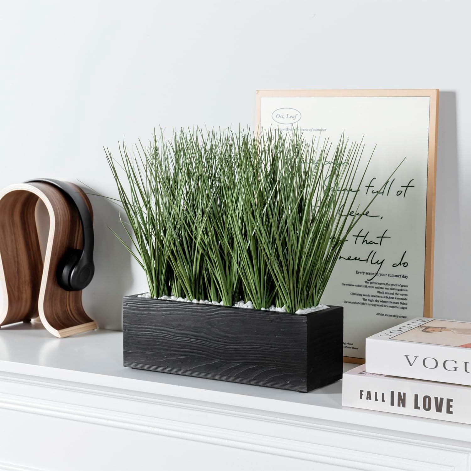 MyGift 12 Inch Artificial Green Grass in Black Wood Planter
