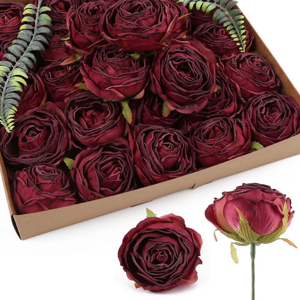 IPOPU Burgundy Artificial Roses 25pcs Flower Heads for Decor
