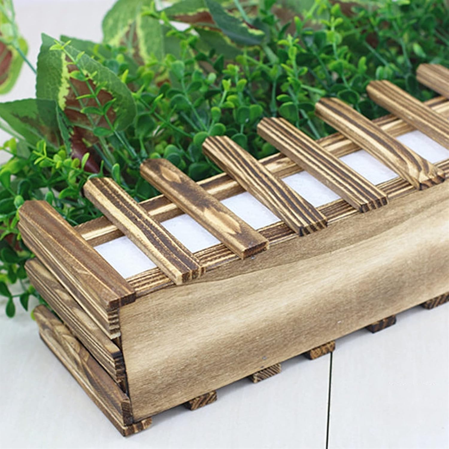 Realistic Artificial Potted Plants in Rectangular Wooden Planter Box