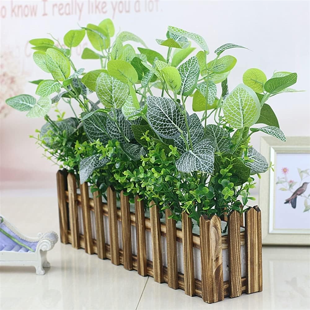 Realistic Artificial Potted Plants in Rectangular Wooden Planter Box 1