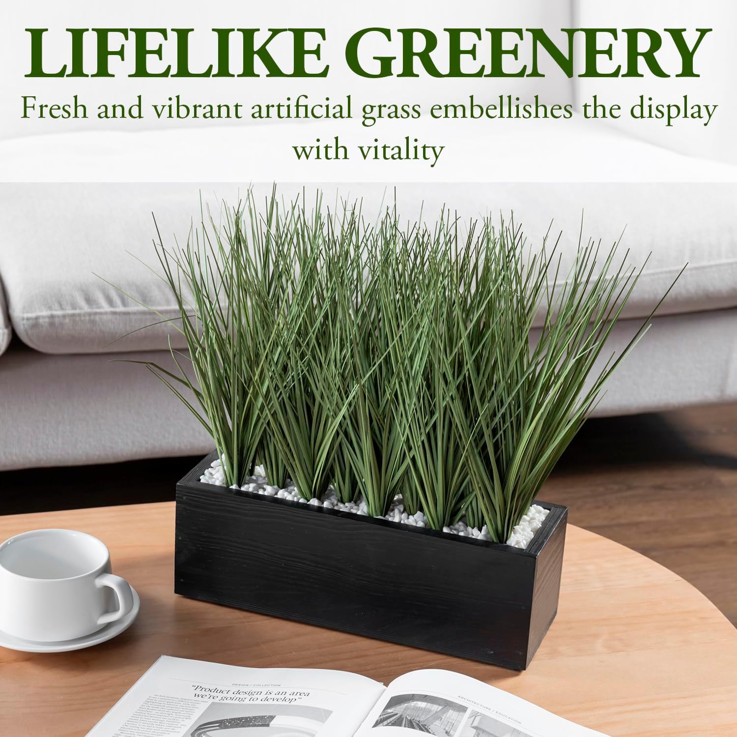MyGift 12 Inch Artificial Green Grass in Black Wood Planter