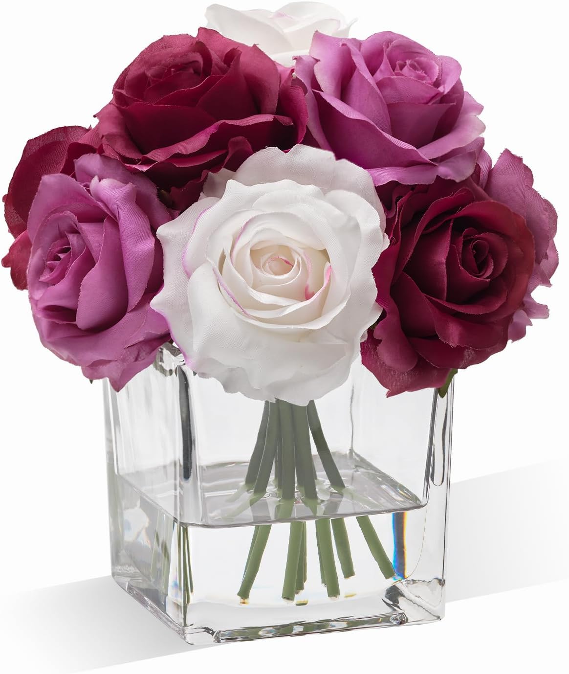 Artificial Rose Flowers in Vase with Faux Water Purple White