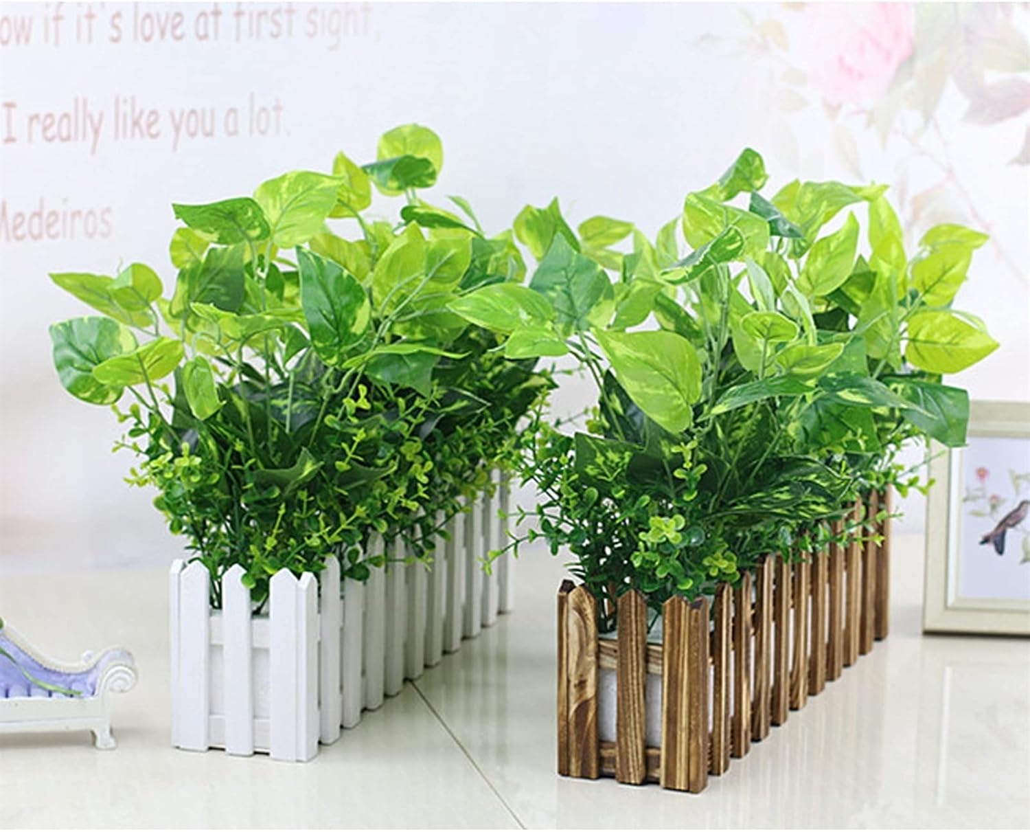 Realistic Artificial Potted Plants in Rectangular Wooden Planter Box