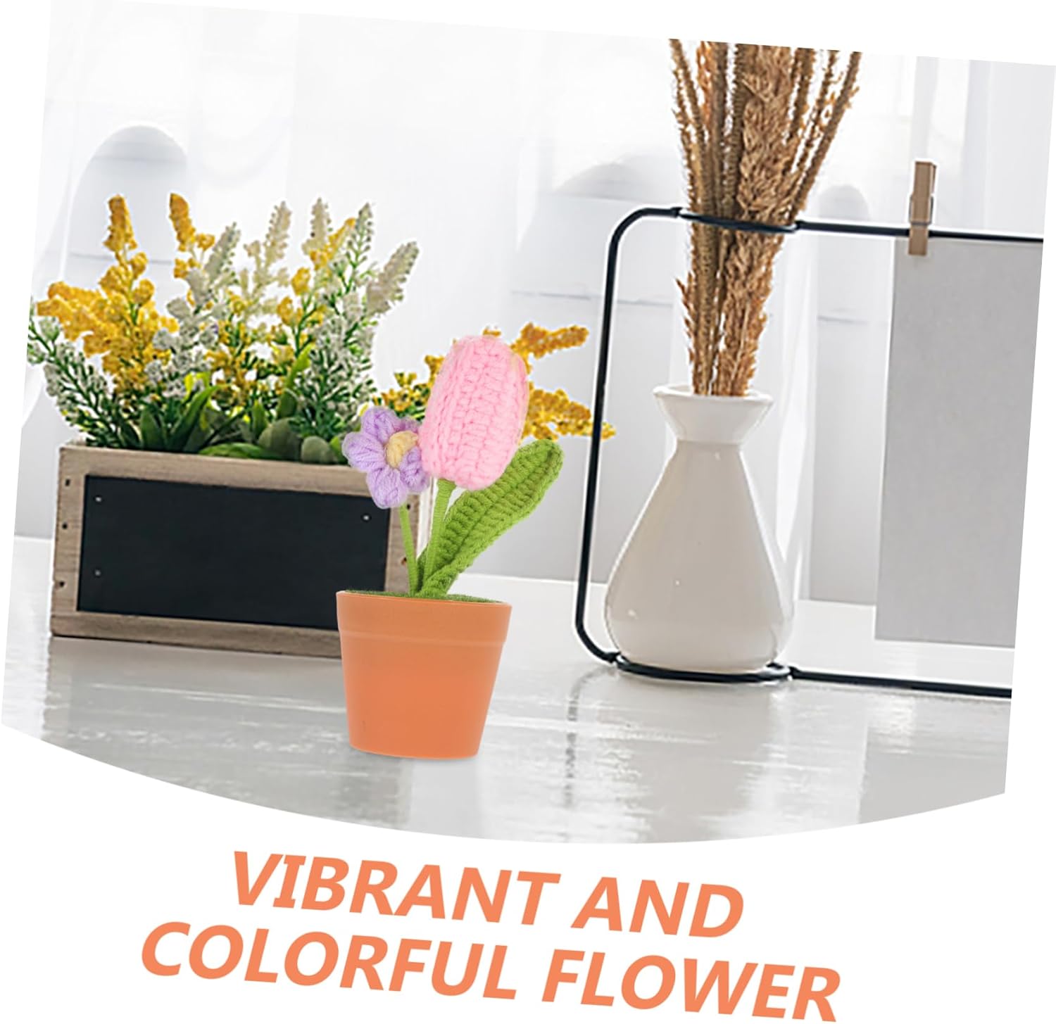 Pink Crochet Flower Pot Artificial Bonsai Decor