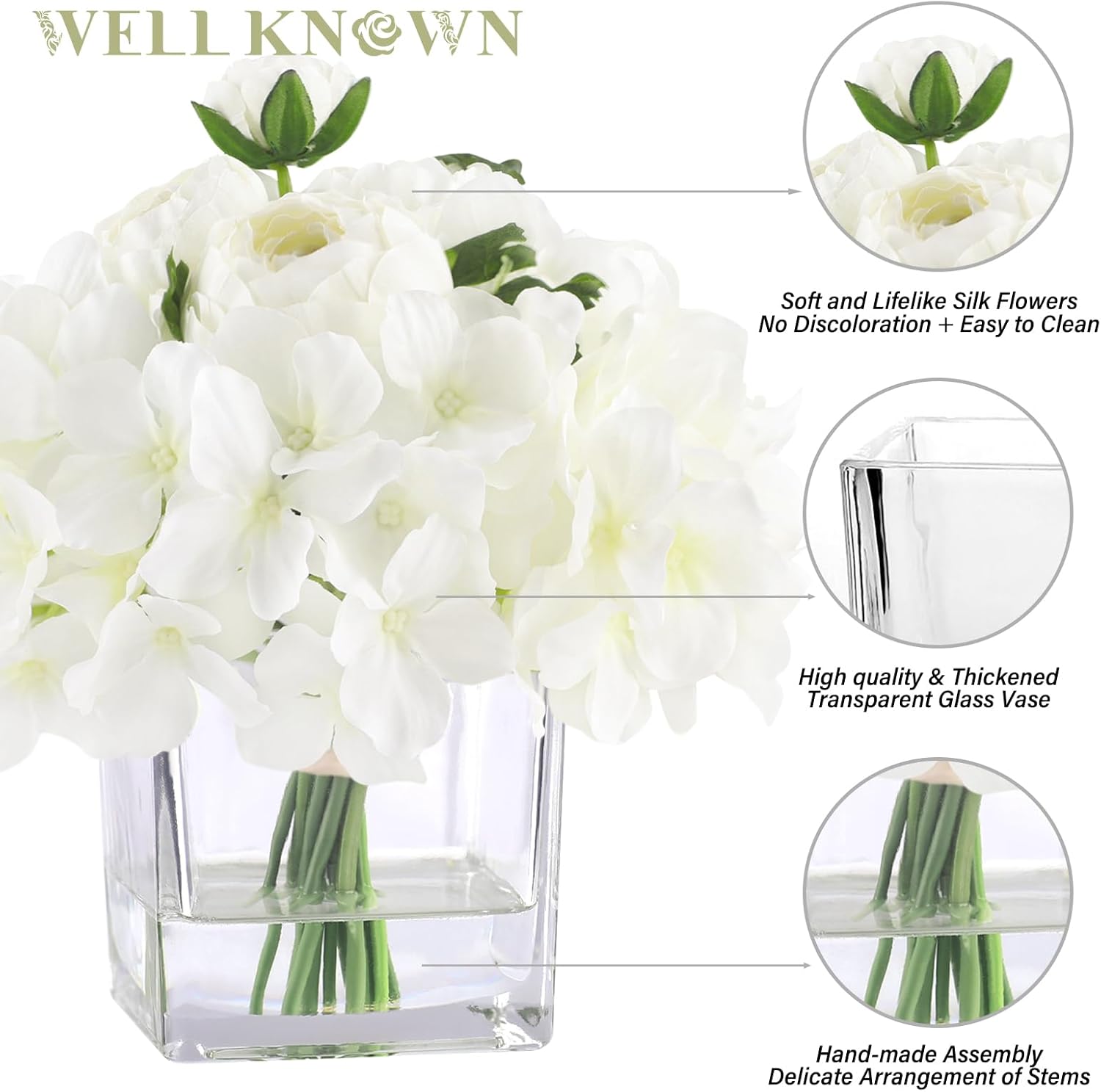 WELL KNOWN Artificial Hydrangea Ranunculus Flowers in Vase White