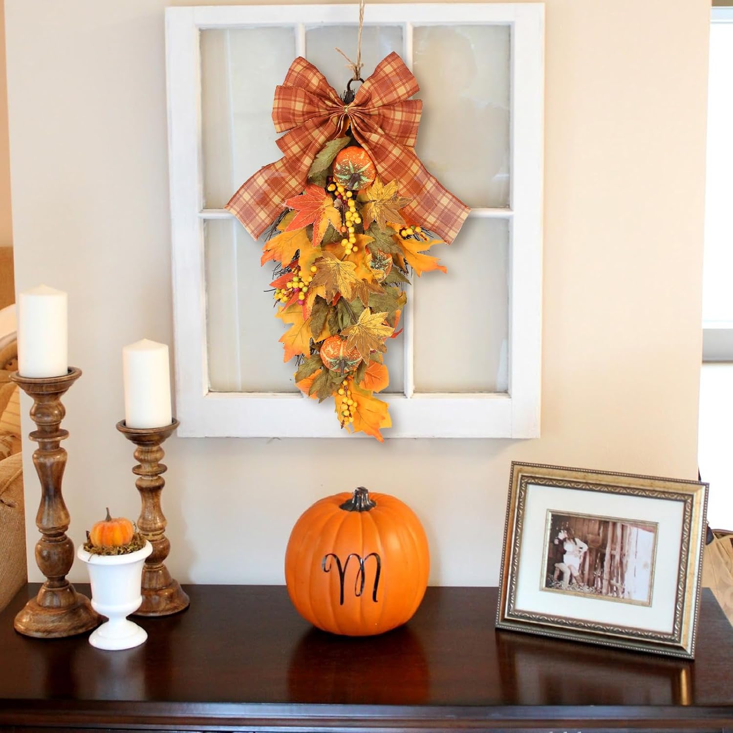 INSUNSIX 2PCS Autumn Teardrop Swag Wreath