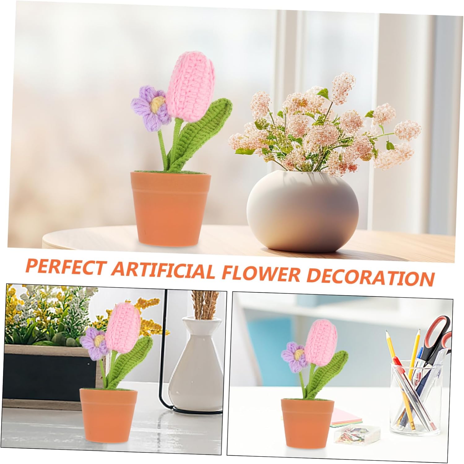 Pink Crochet Flower Pot Artificial Bonsai Decor
