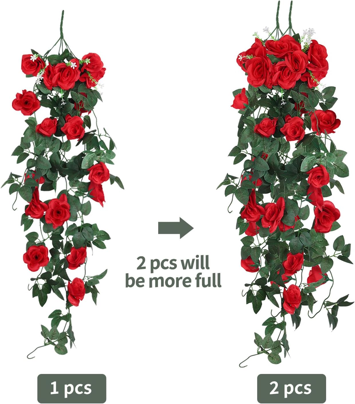 Artificial Hanging Rose Flower with LED Lights 2PCS Red
