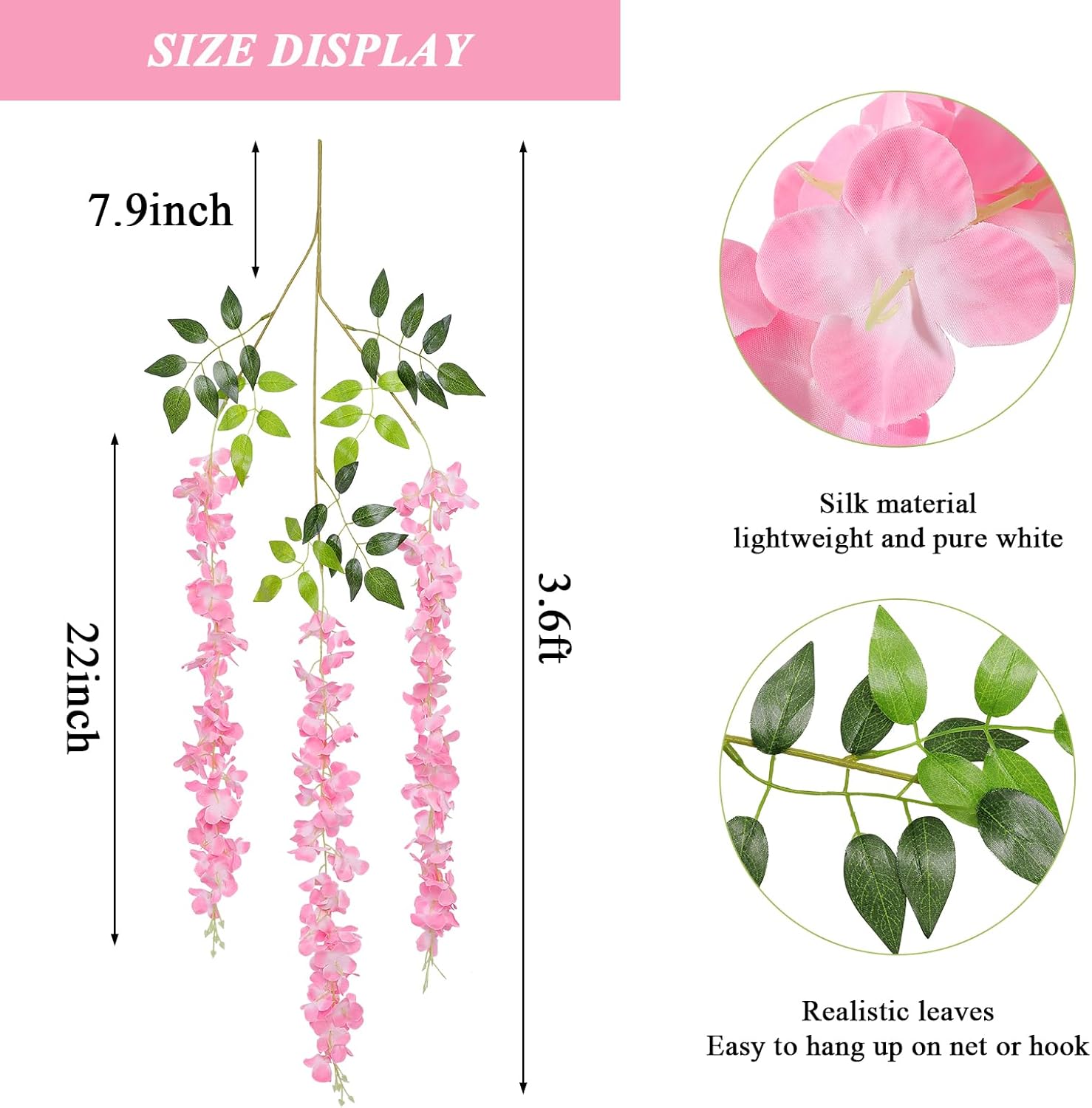 Pauwer Wisteria Hanging Flowers 24 Pack Artificial Garland Pink