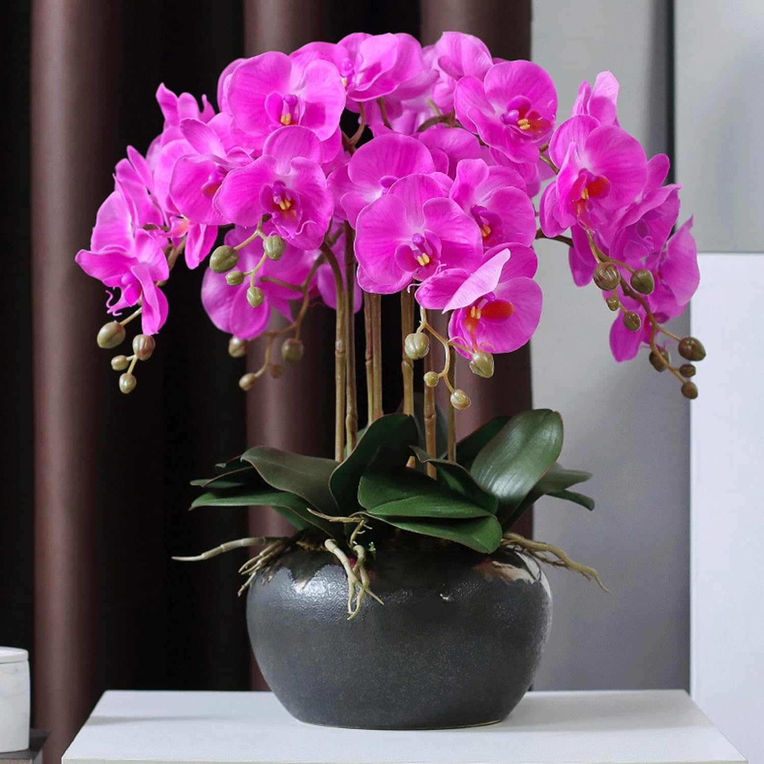 Realistic Artificial Orchid in Ceramic Pot with Gold Trim