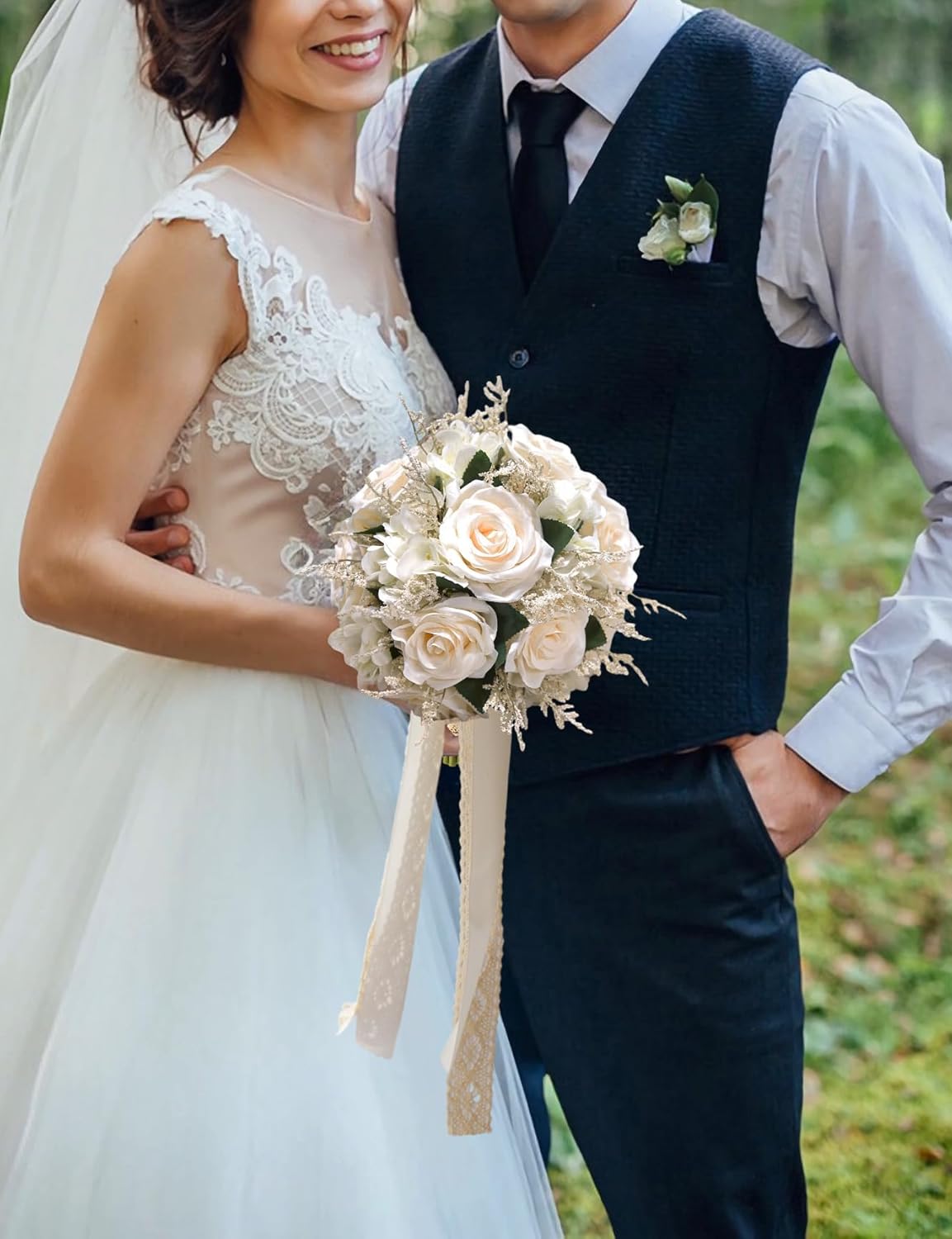 Bride Bouquets for Wedding Ivory Champagne Artificial Flowers Roses Tossing Bouquet