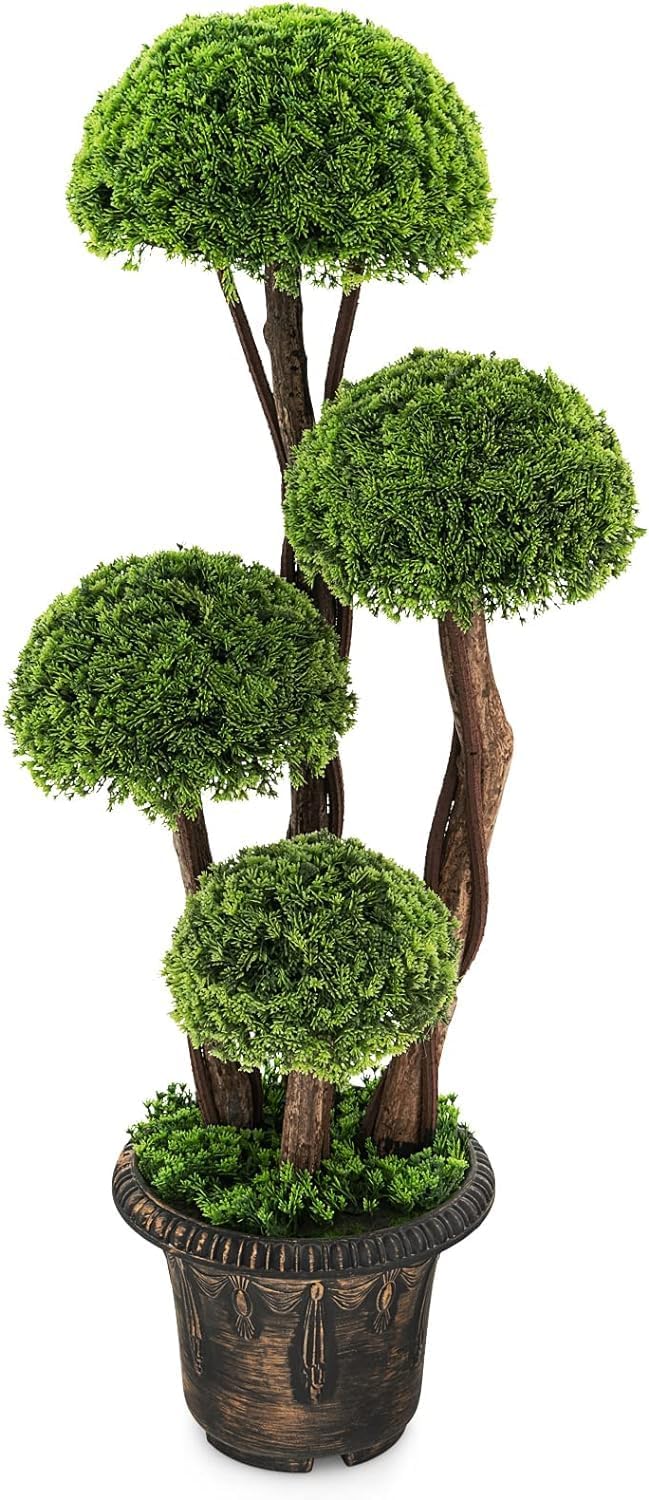 HOMGX Artificial Cypress Topiary Ball Tree with Cement Pot