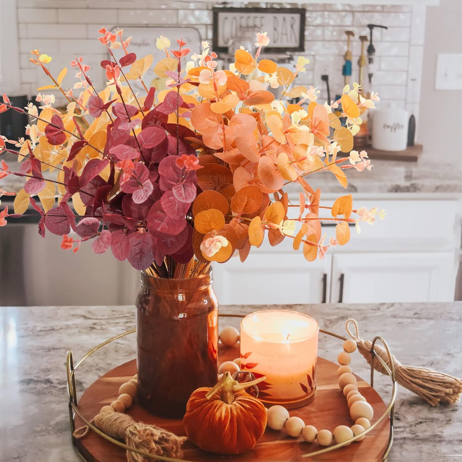36Pcs Artificial Eucalyptus Fall Plants with Orange Red Yellow Stems