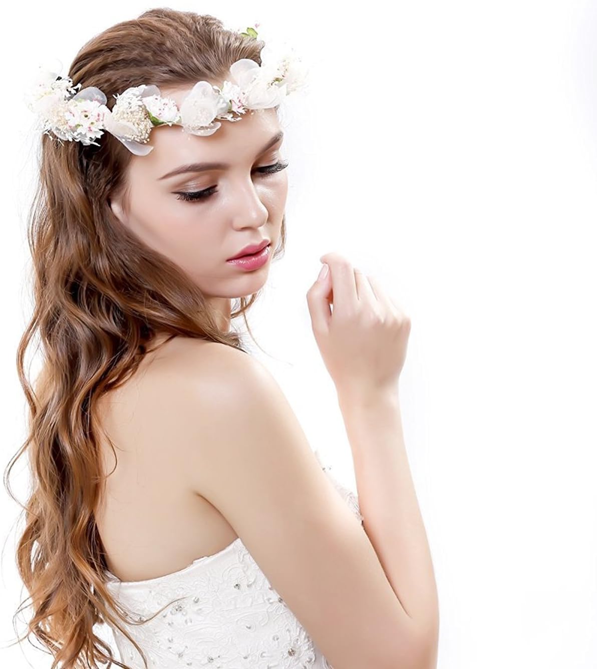 Qhome Chiffon Fresh Dried Flowers Wreath Crown for Wedding Events Ivory