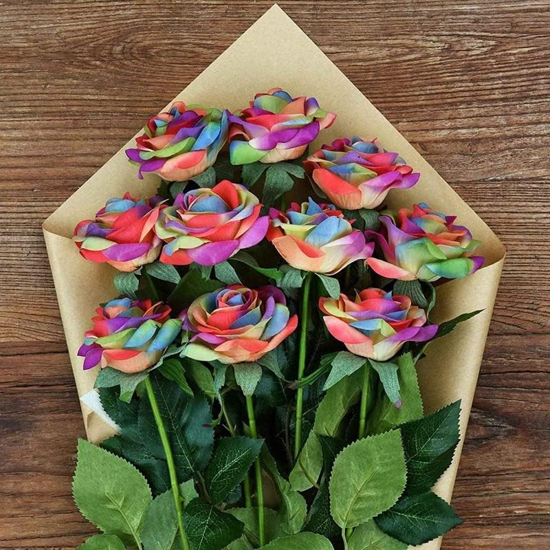 Rainbow Artificial Silk Rose Flowers 8pcs for Decorations