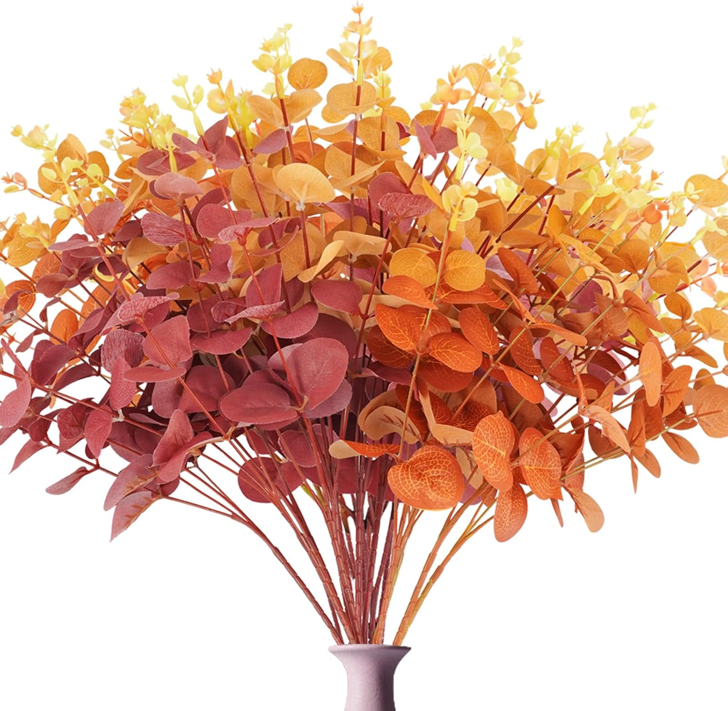 36Pcs Artificial Eucalyptus Fall Plants with Orange Red Yellow Stems