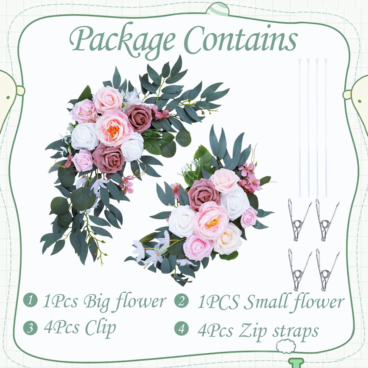 Pink Artificial Flower Wedding Arch Decor 2PCS