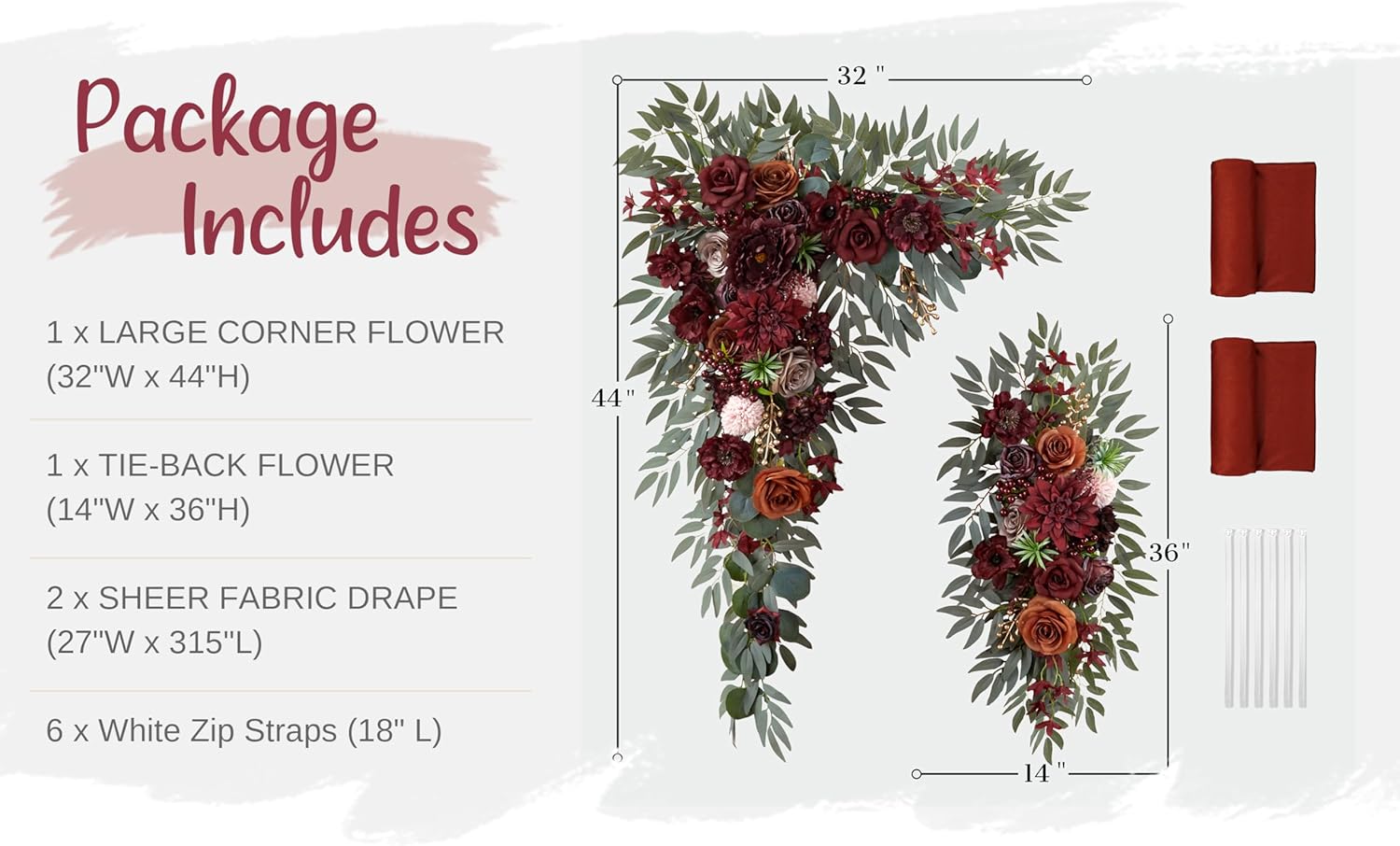 WEDFLOR Wedding Arch Flowers with Drapes Kit Pack of 4
