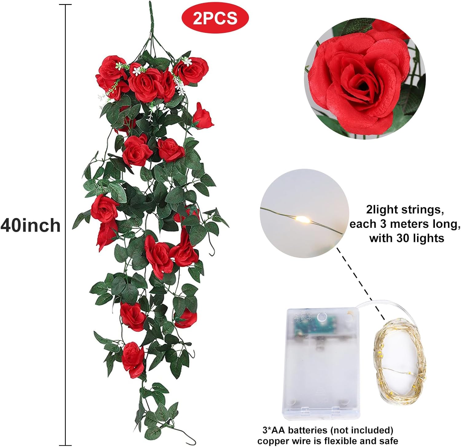 Artificial Hanging Rose Flower with LED Lights 2PCS Red
