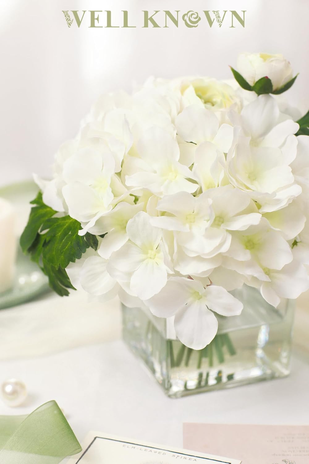 WELL KNOWN Artificial Hydrangea Ranunculus Flowers in Vase White