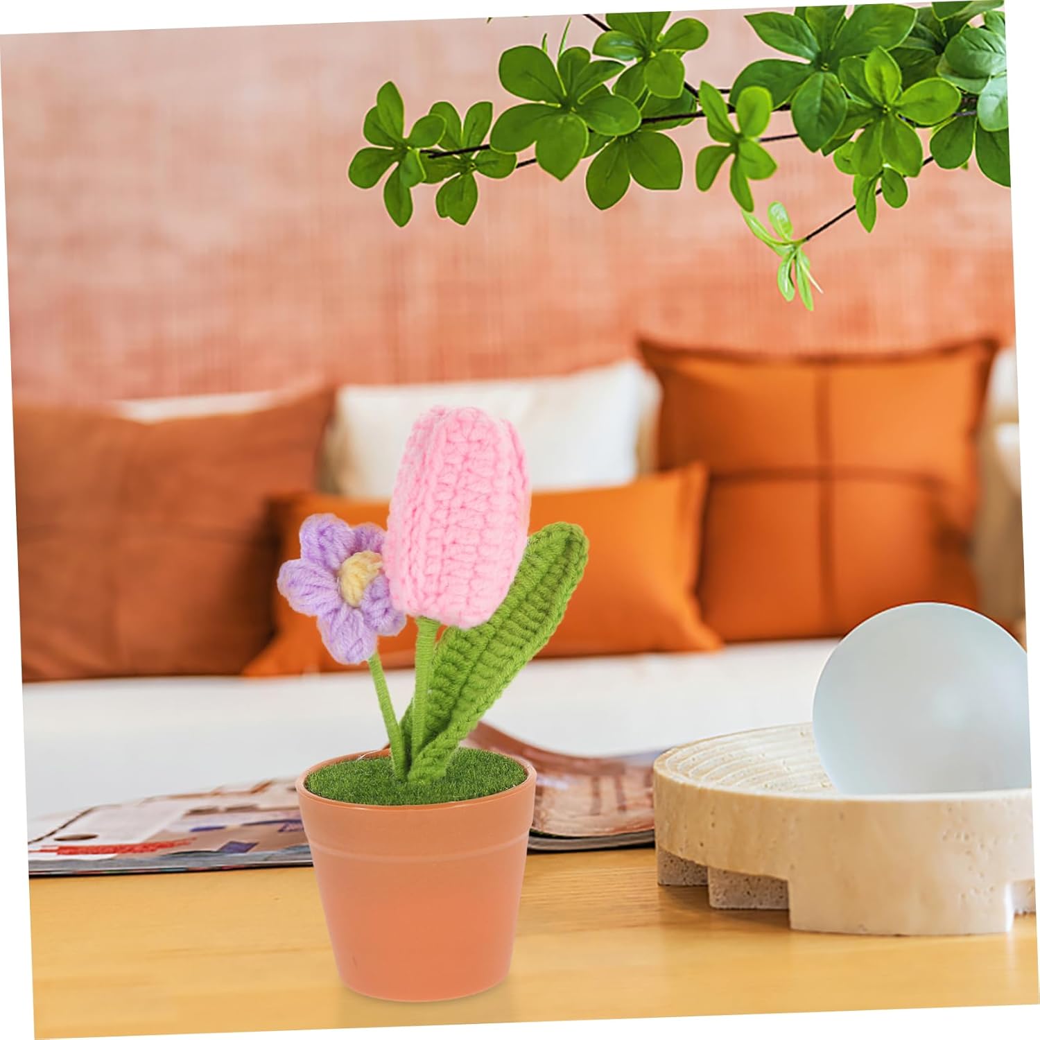 Pink Crochet Flower Pot Artificial Bonsai Decor