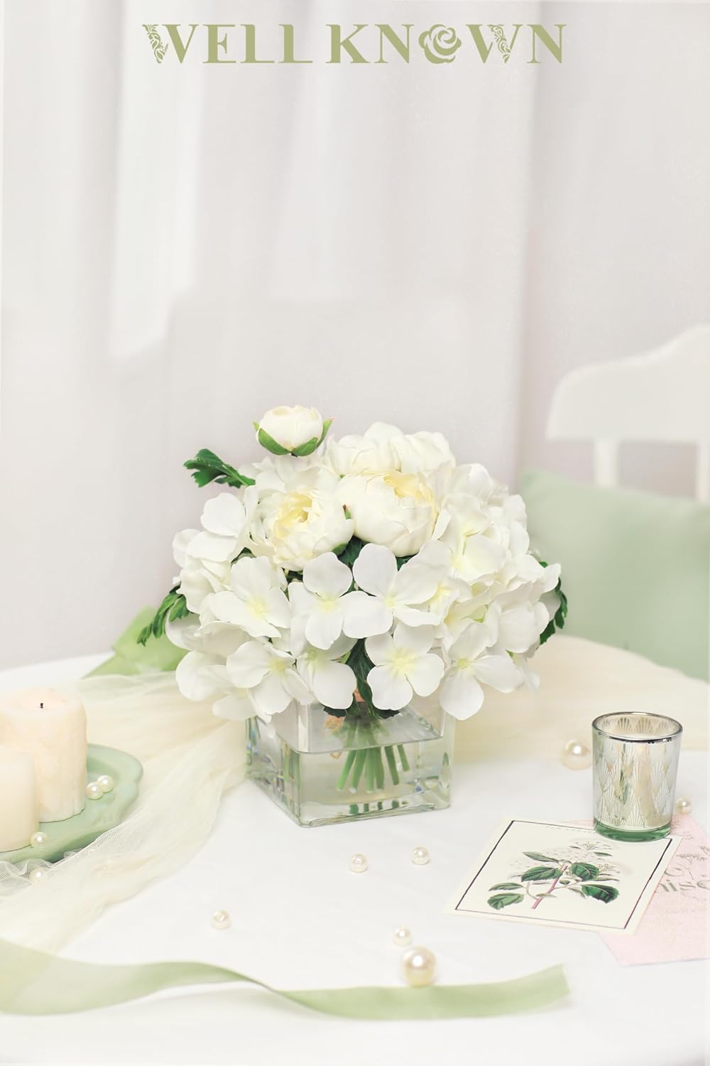 WELL KNOWN Artificial Hydrangea Ranunculus Flowers in Vase White