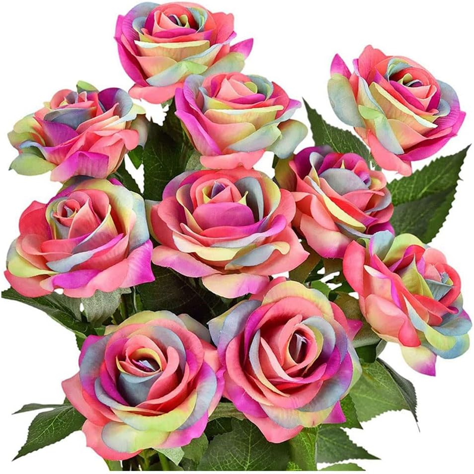 Rainbow Artificial Silk Rose Flowers 8pcs for Decorations