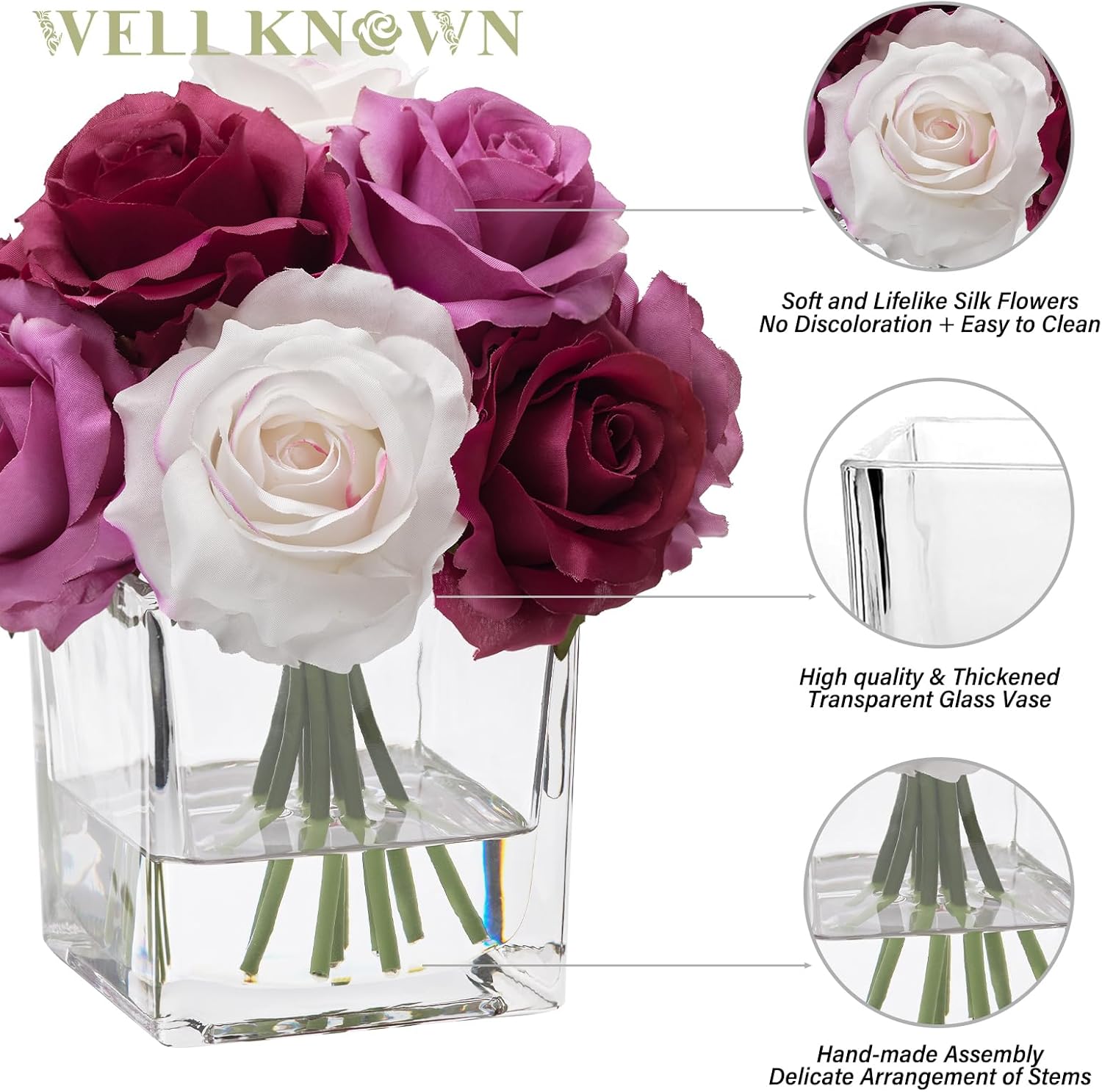 Artificial Rose Flowers in Vase with Faux Water Purple White