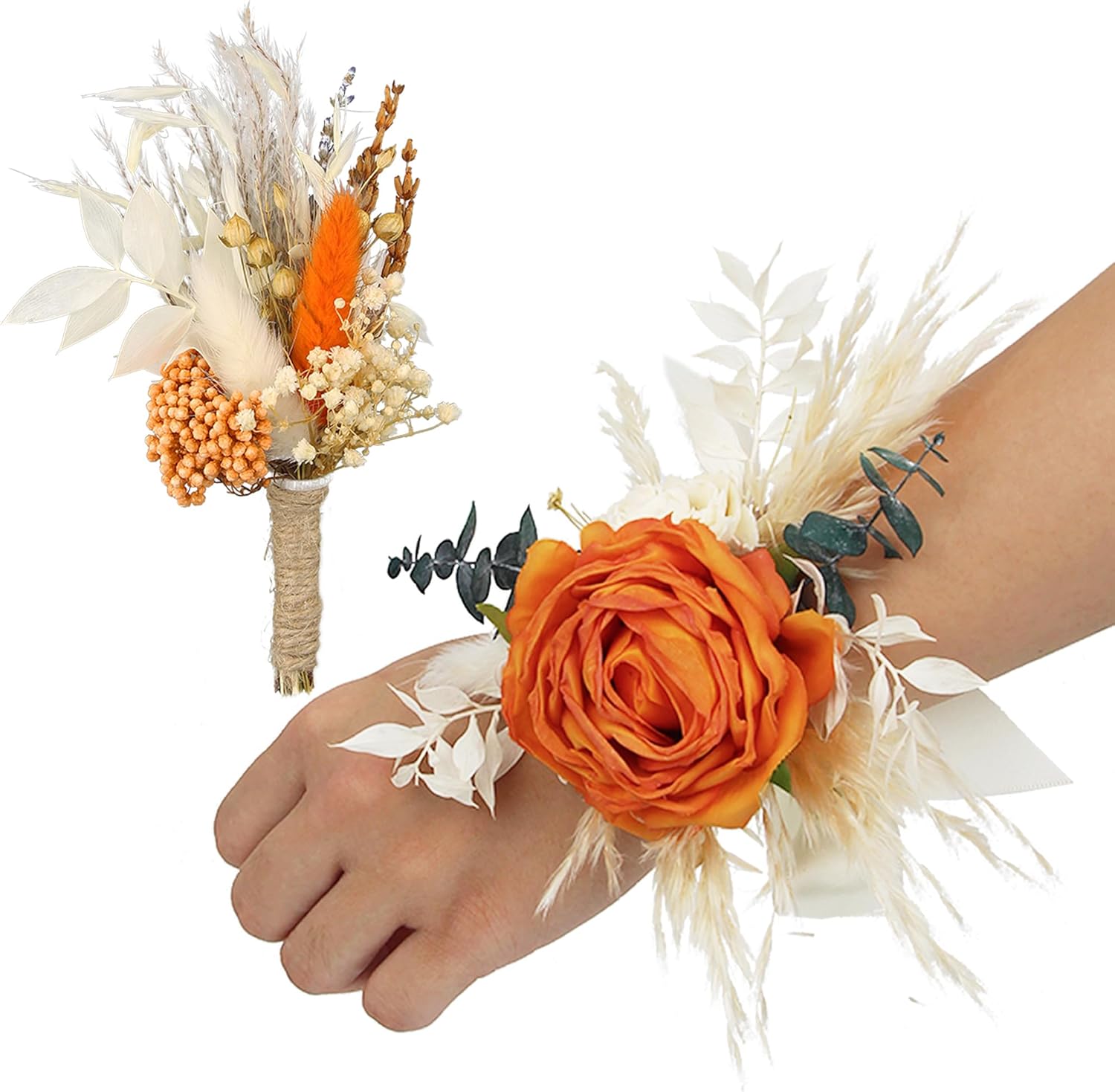 Rinlong Burnt Orange Dried Flower Corsage and Boutonniere Set