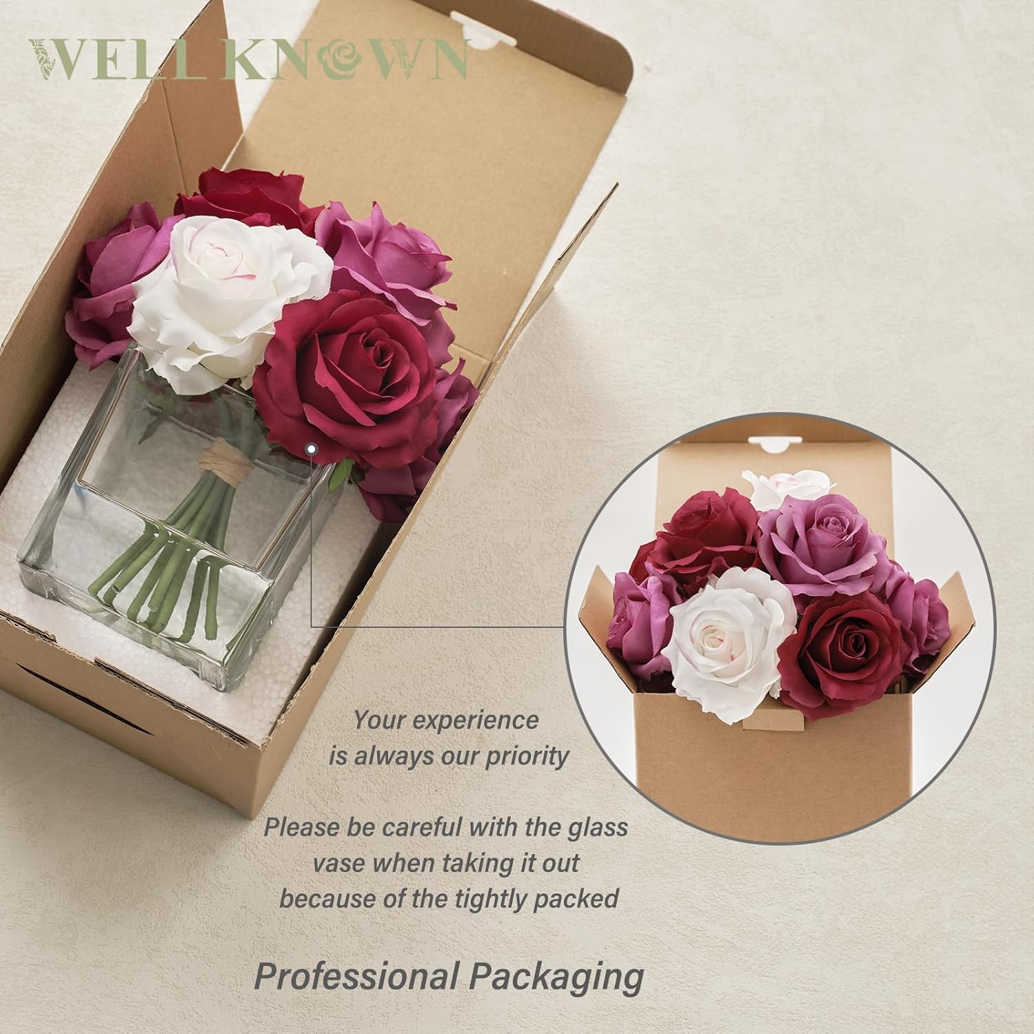 Artificial Rose Flowers in Vase with Faux Water Purple White