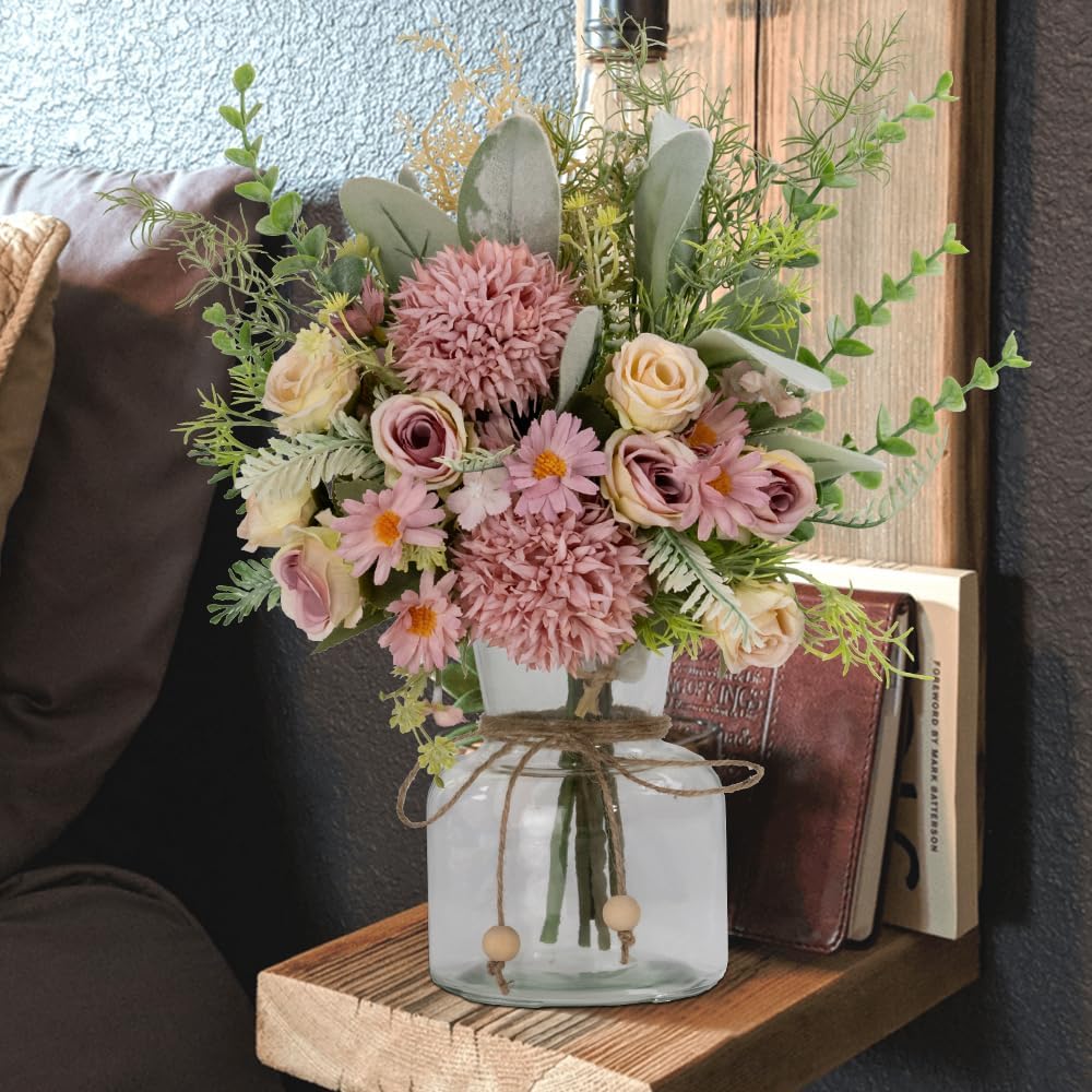 Artificial Flowers in Vase with Silk Bouquet and Glass Vase Purple