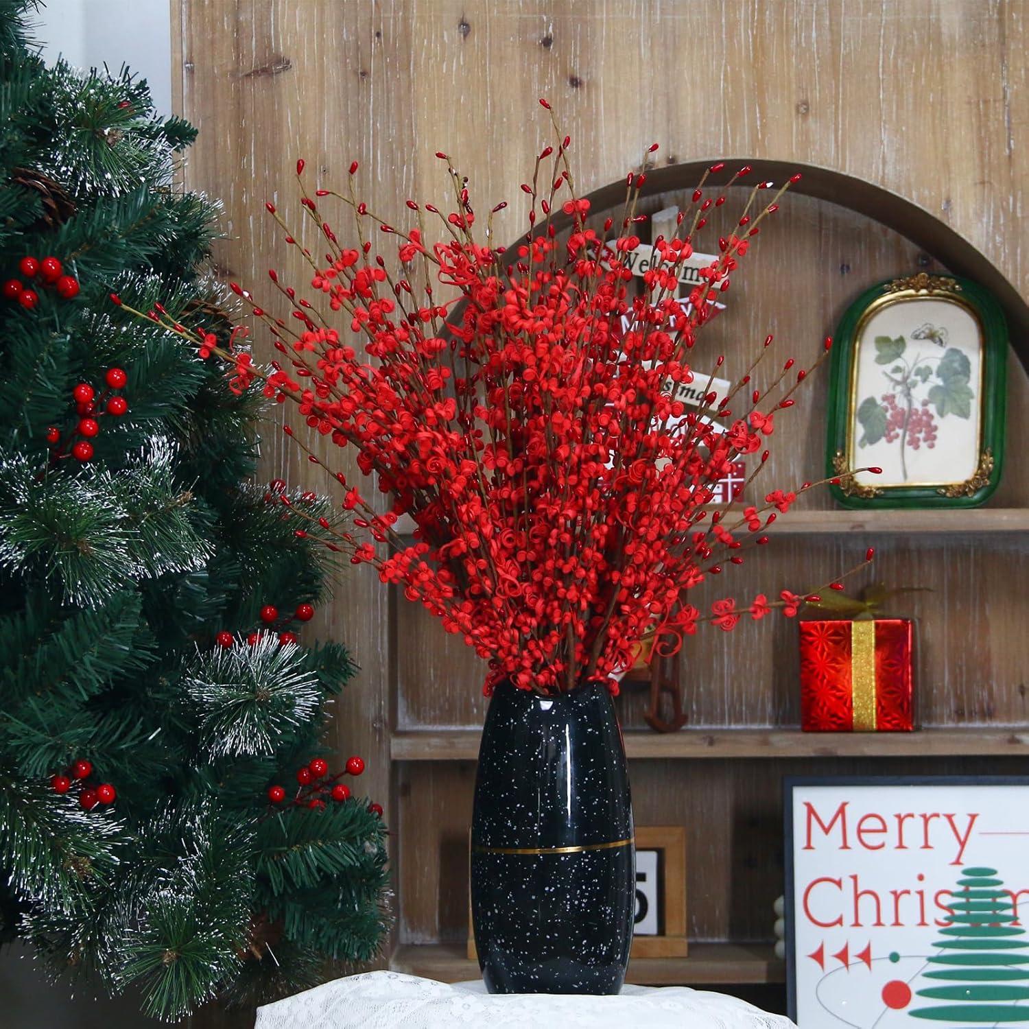 295 Inch Long Stem Jasmine Artificial Flowers 5Pcs Red with Berry
