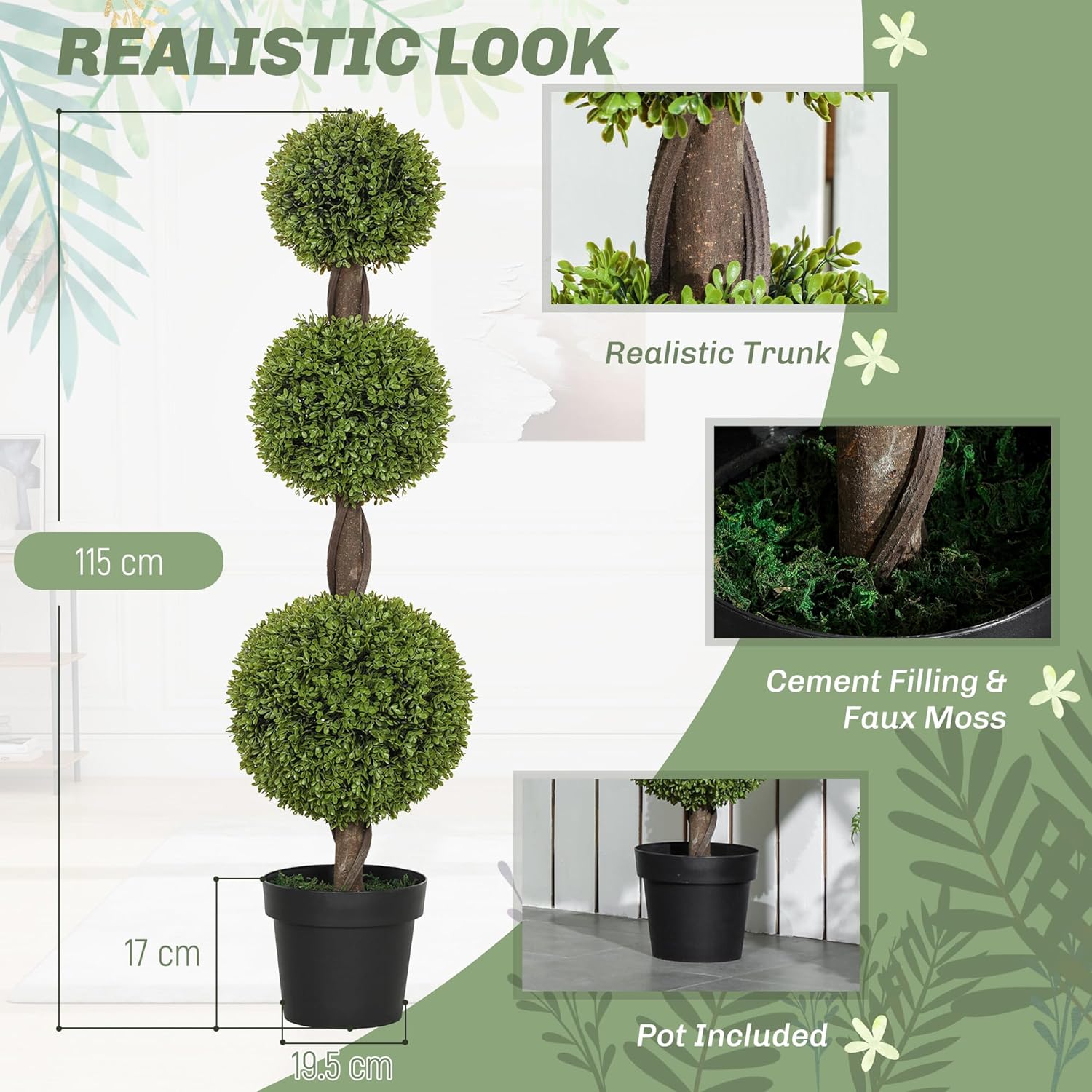 HOMCOM Artificial Plants Set of 2 Green Boxwood Trees