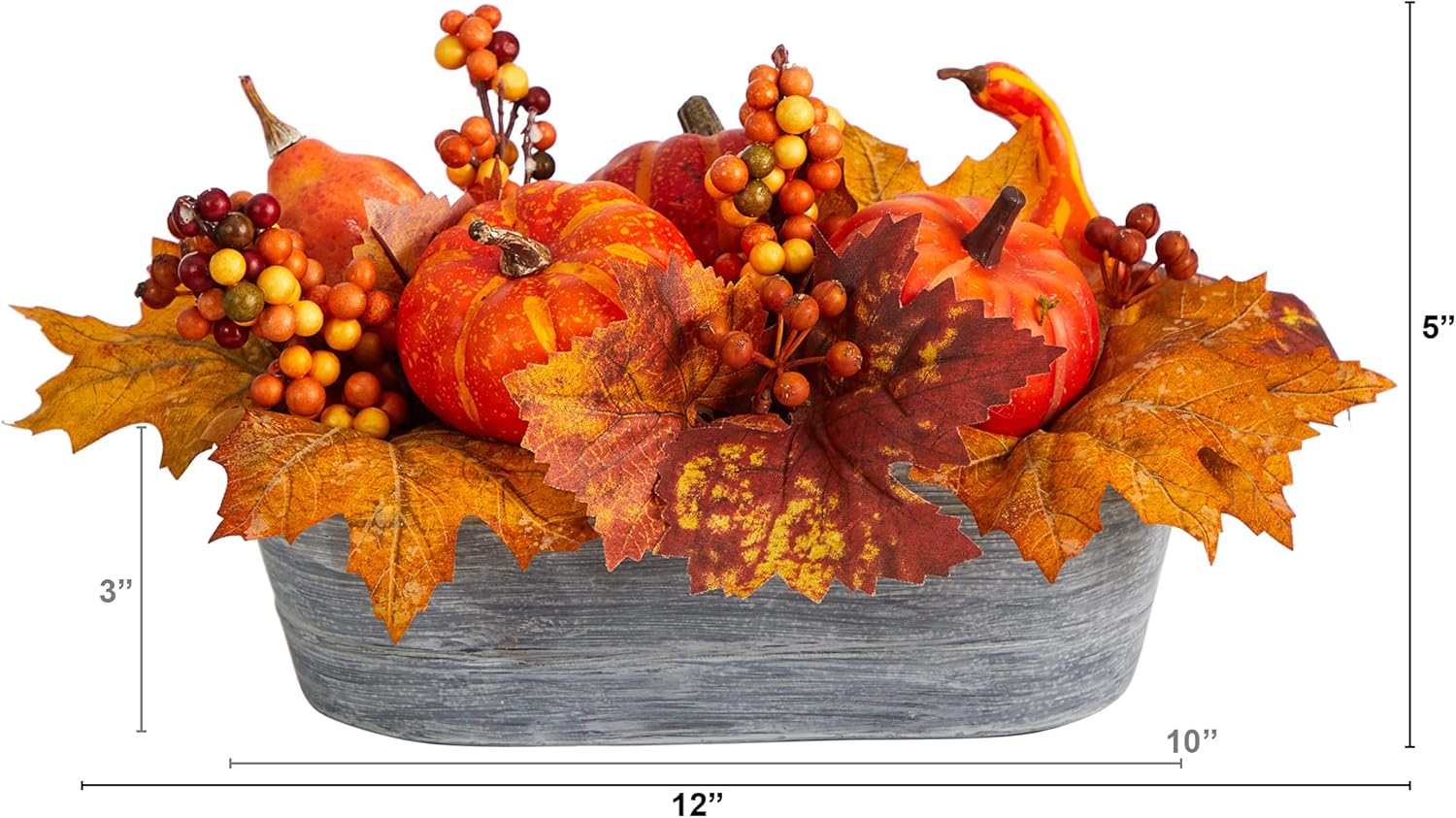 Nearly Natural 12 Inch Fall Pumpkin and Berries Artificial Arrangement in Washed Vase