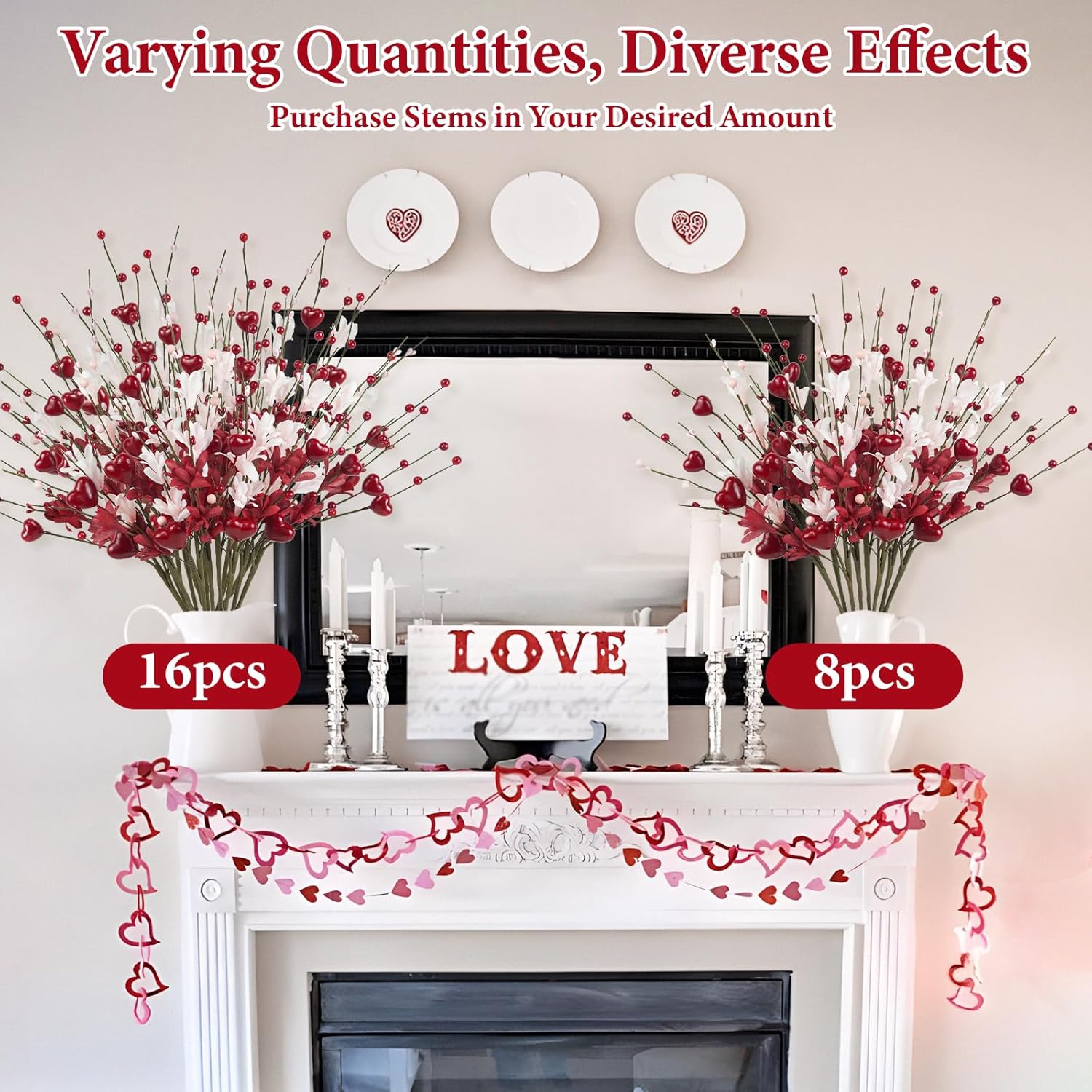 Valentine Day Decorations 8PCS 24 Inch Heart Shaped Flower Stems