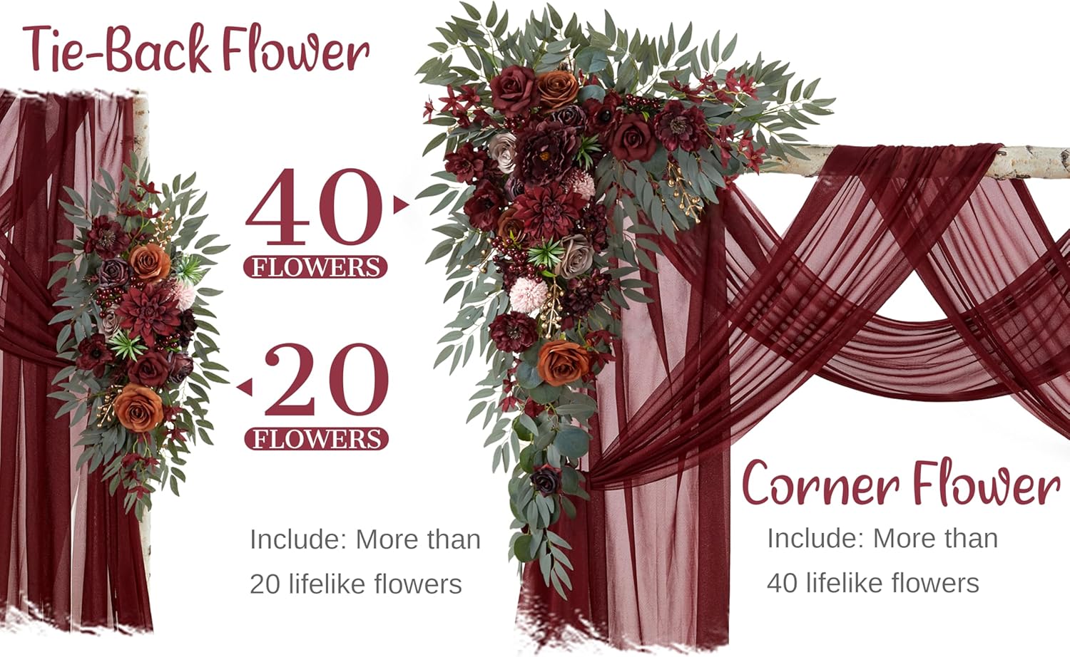 WEDFLOR Wedding Arch Flowers with Drapes Kit Pack of 4