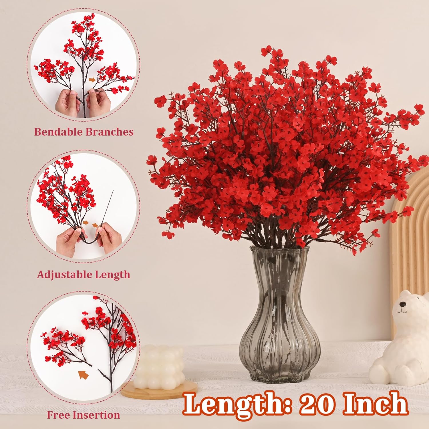 Yastouay Red Babys Breath Artificial Flowers 10pcs