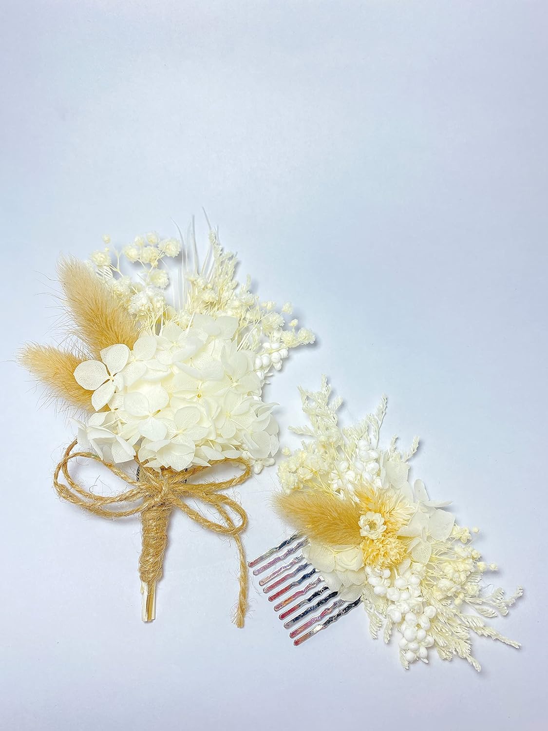 Handmade Dried Flower Boutonniere and Hair Clip Set Ivory