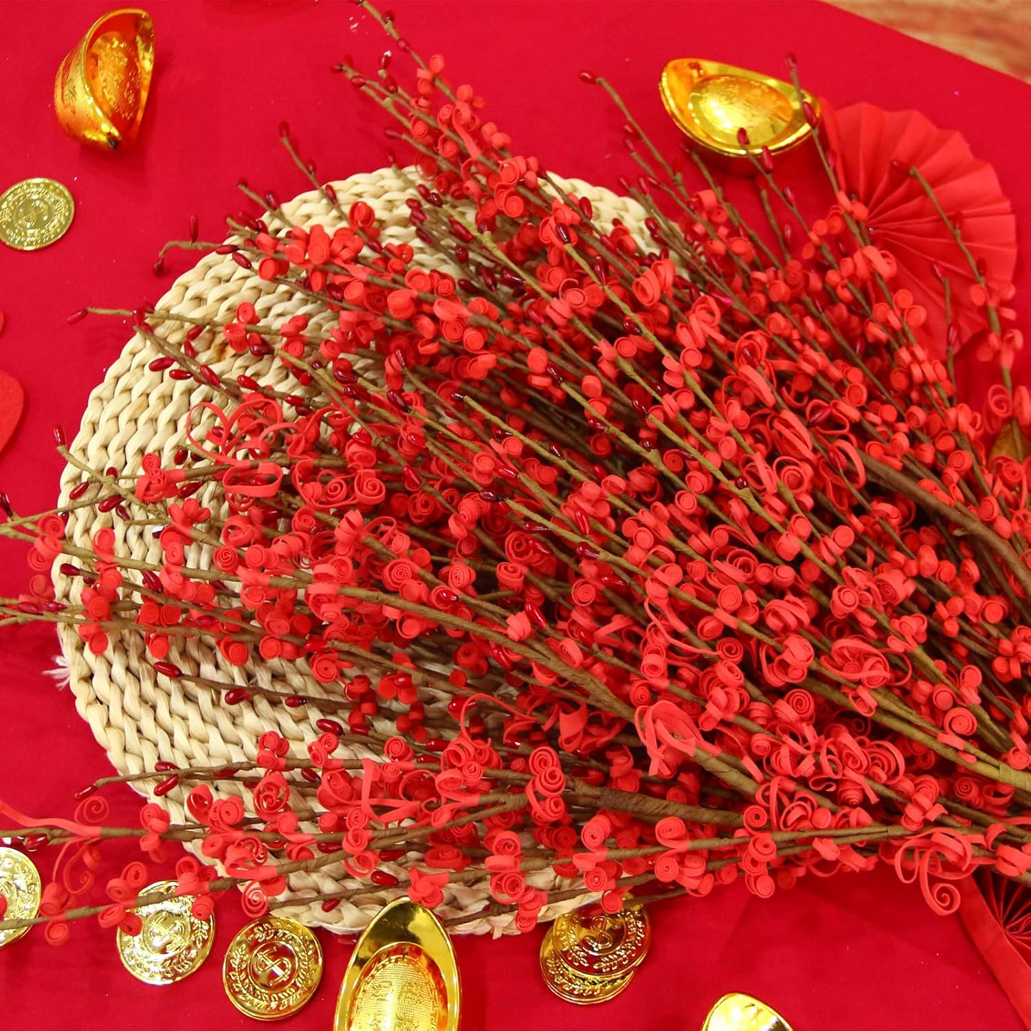 295 Inch Long Stem Jasmine Artificial Flowers 5Pcs Red with Berry