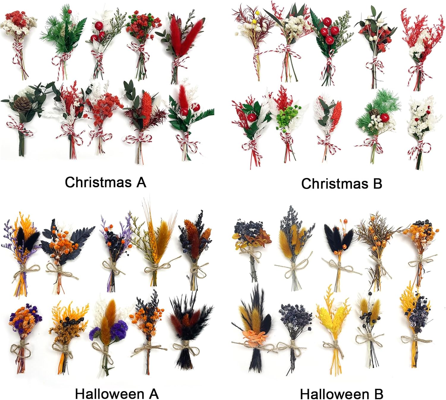 DULRLLY 10pcs Mini Dried Flower Bouquet Christmas Style A