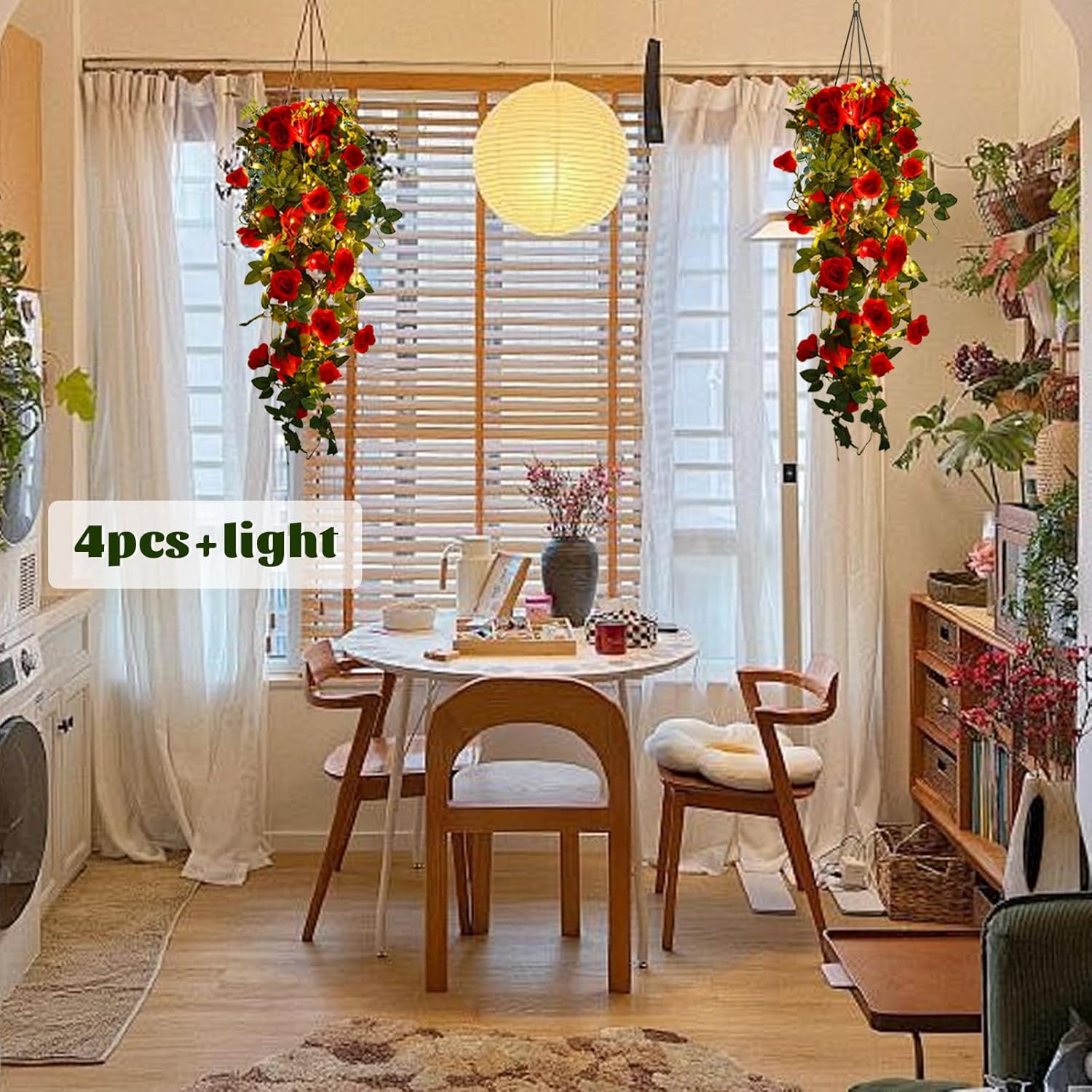 Artificial Hanging Rose Flower with LED Lights 2PCS Red